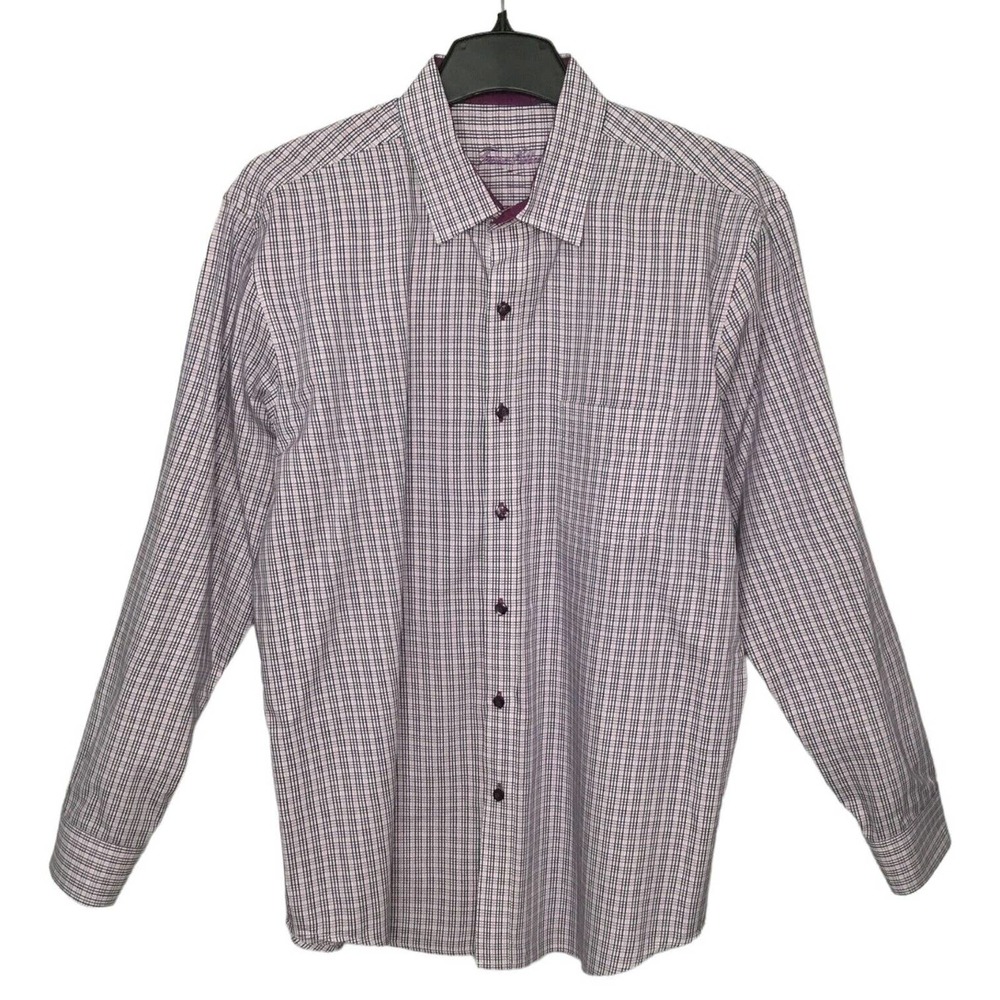 Tasso Elba Men’s Button Down Plaid 100% Cotton Long Sleeve Pocket Purple L
